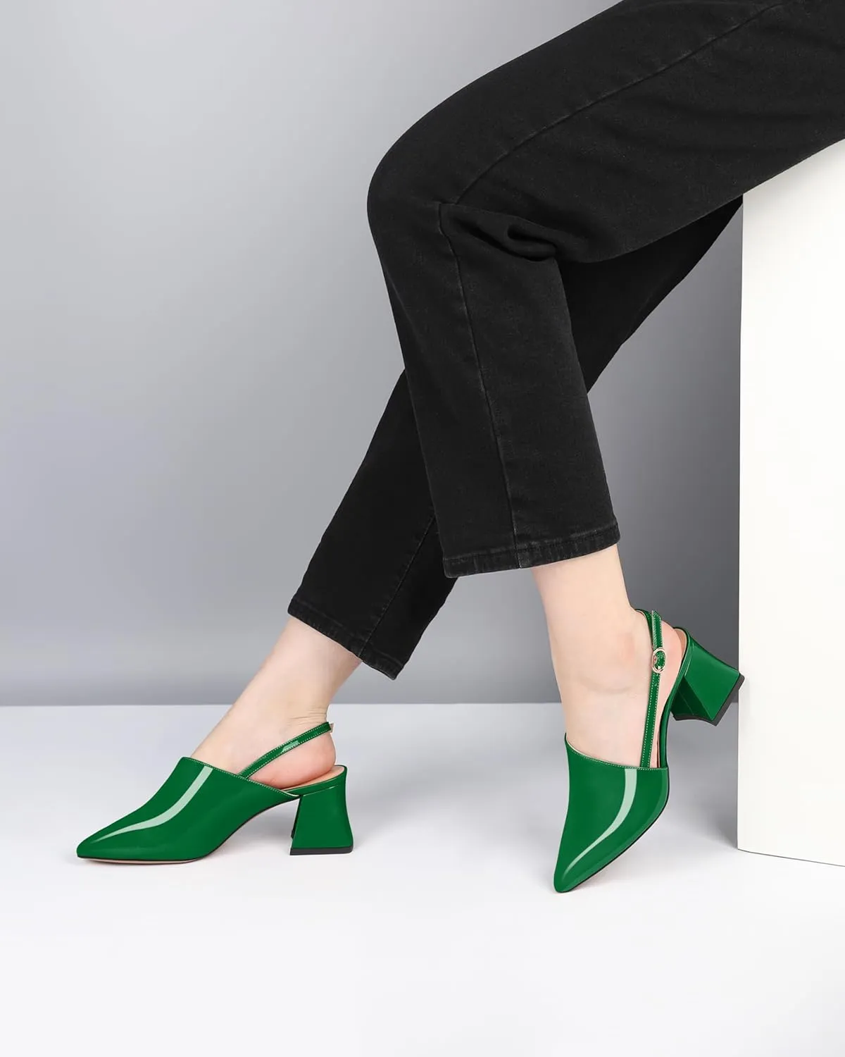 AUMOTED Women's Slingback Block Heels Pointed Closed Toe Patent Solid Mid Heel Pumps Chunky Dating Party Dress Shoes 2.5 Inch