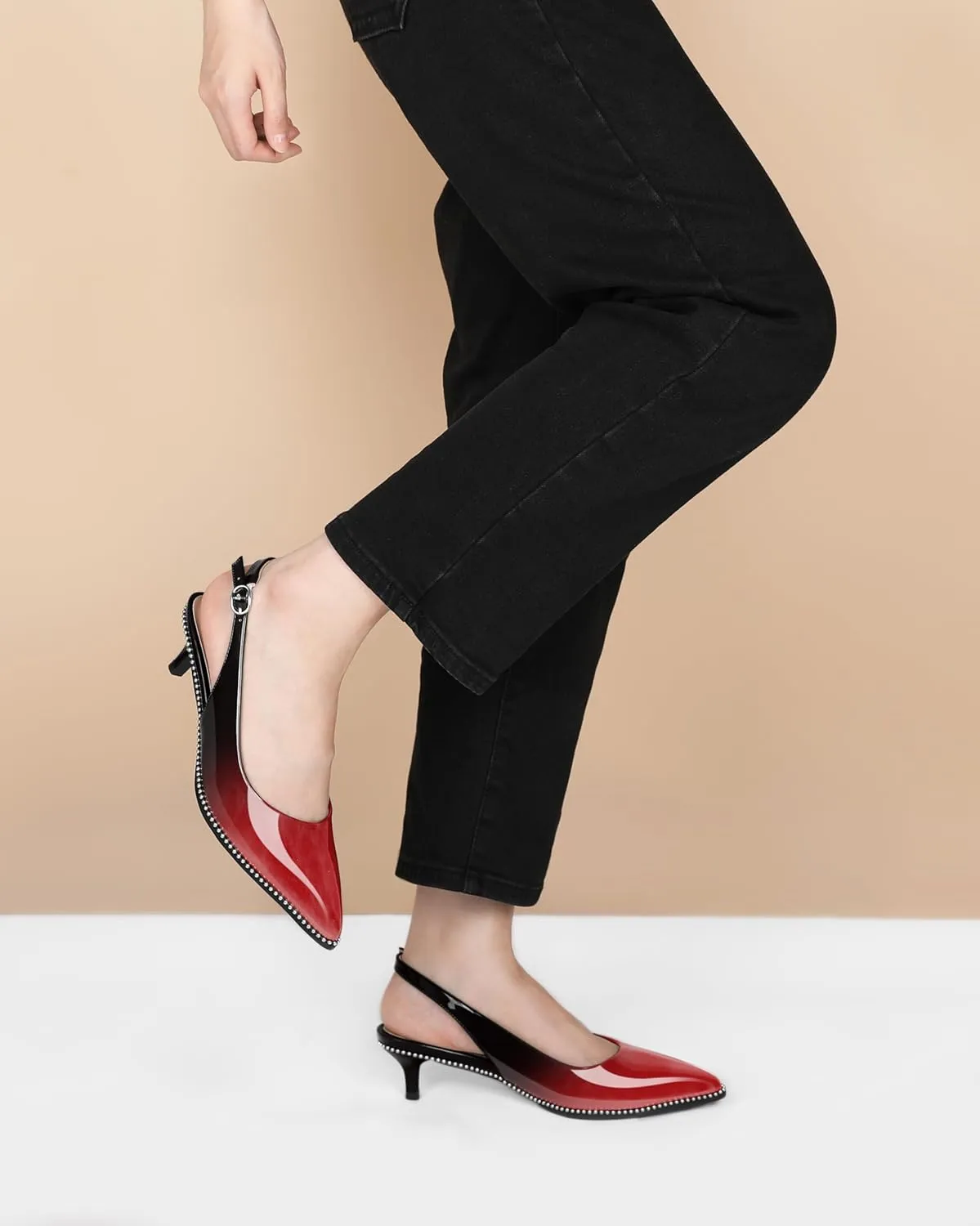 AUMOTED Women's Slingback Kitten Heels Pointed Toe Stiletto Low Heel Ankle-Strap with Beaded Pumps Dress Shoes 1.6 Inches