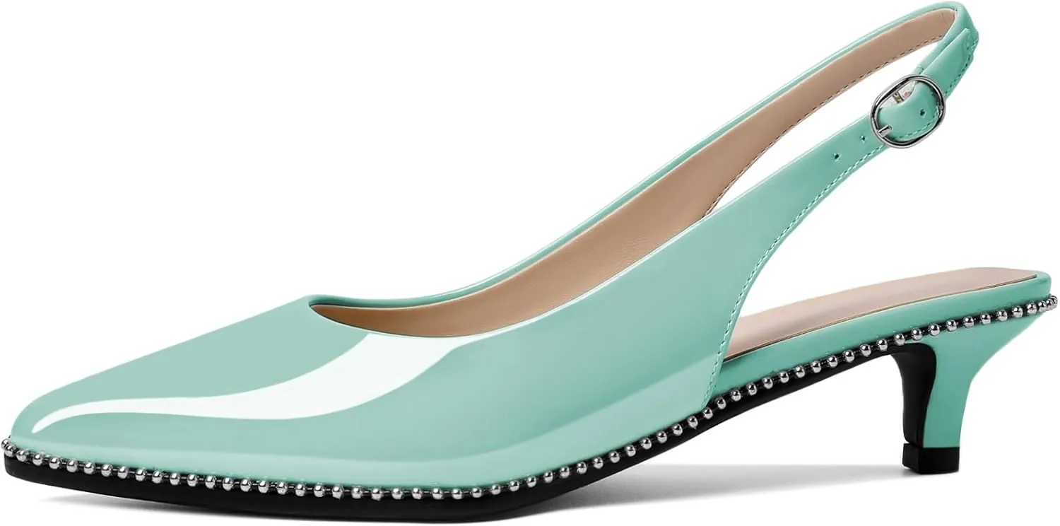 AUMOTED Women's Slingback Kitten Heels Pointed Toe Stiletto Low Heel Ankle-Strap with Beaded Pumps Dress Shoes 1.6 Inches