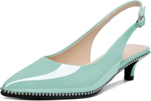 AUMOTED Women's Slingback Kitten Heels Pointed Toe Stiletto Low Heel Ankle-Strap with Beaded Pumps Dress Shoes 1.6 Inches