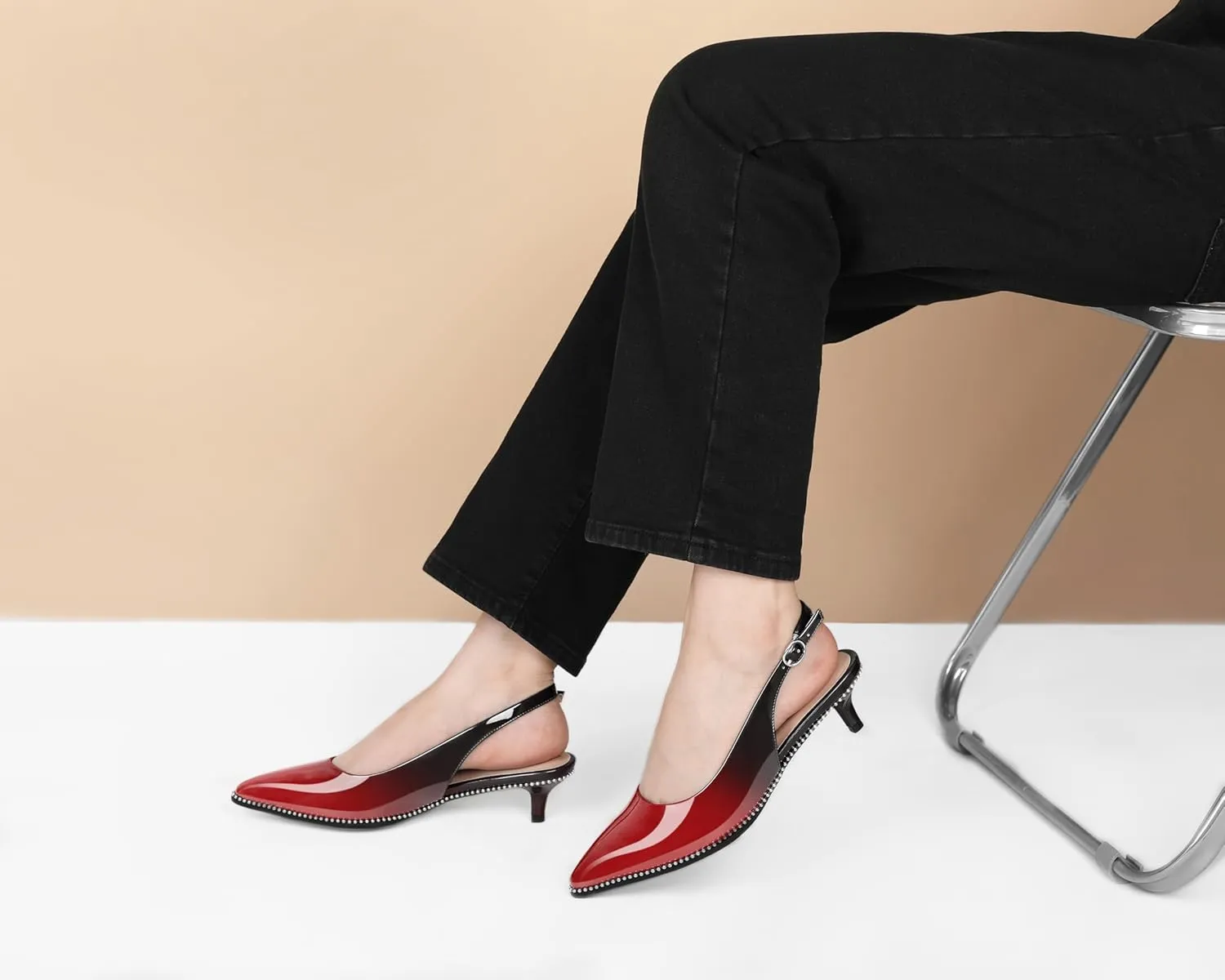 AUMOTED Women's Slingback Kitten Heels Pointed Toe Stiletto Low Heel Ankle-Strap with Beaded Pumps Dress Shoes 1.6 Inches