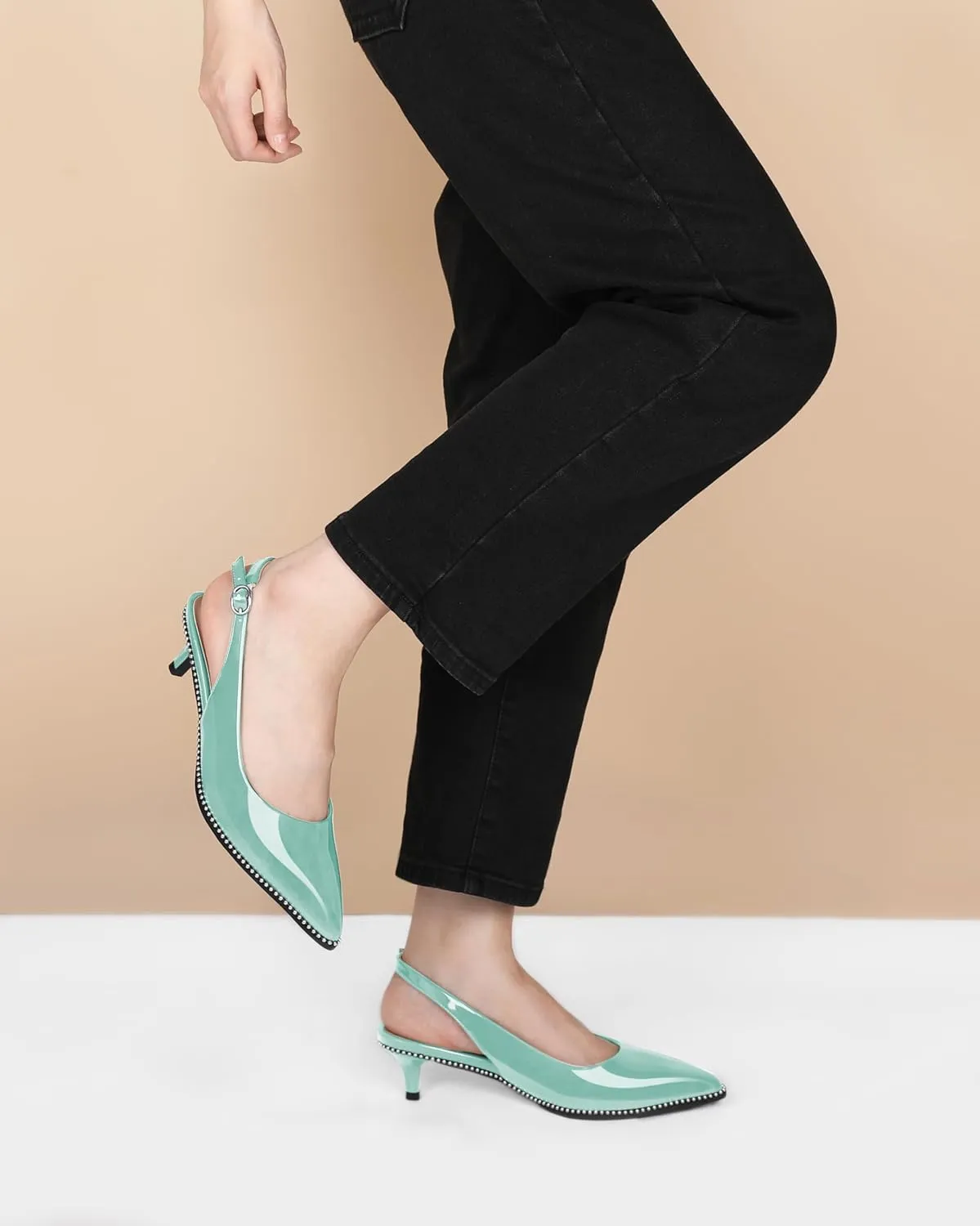AUMOTED Women's Slingback Kitten Heels Pointed Toe Stiletto Low Heel Ankle-Strap with Beaded Pumps Dress Shoes 1.6 Inches