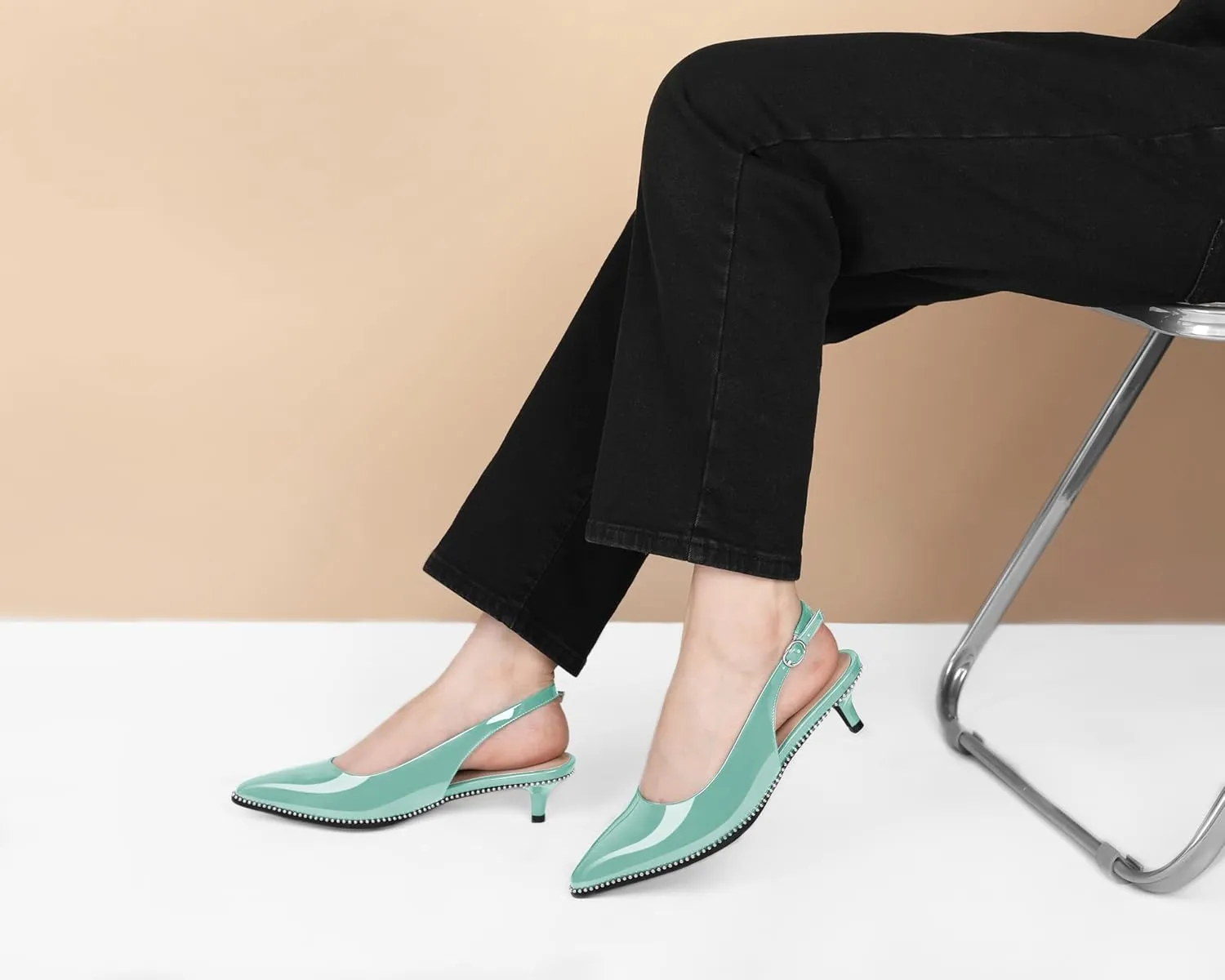 AUMOTED Women's Slingback Kitten Heels Pointed Toe Stiletto Low Heel Ankle-Strap with Beaded Pumps Dress Shoes 1.6 Inches