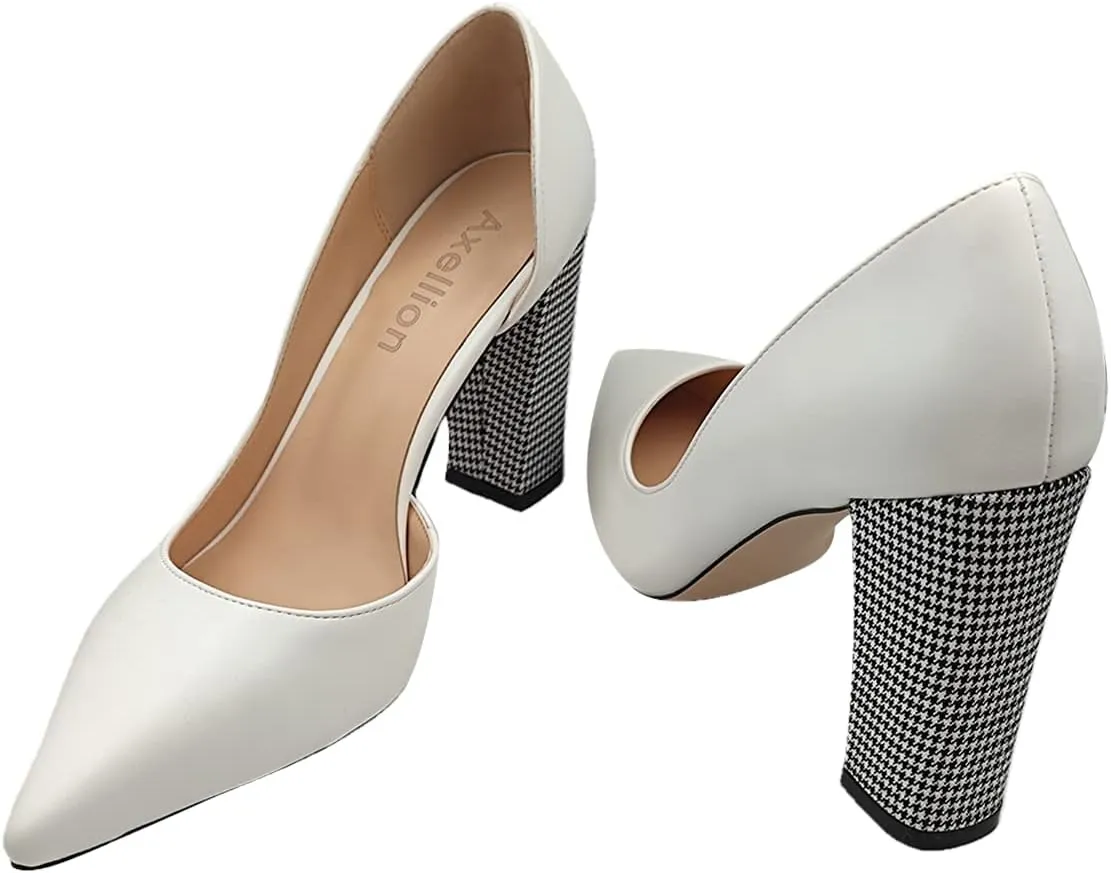 Axellion Pumps for Women, Houndstooth Heel Pumps Side Empty High Heels Pointed Toe Shoes Top Leather High Heel Shoes for Women