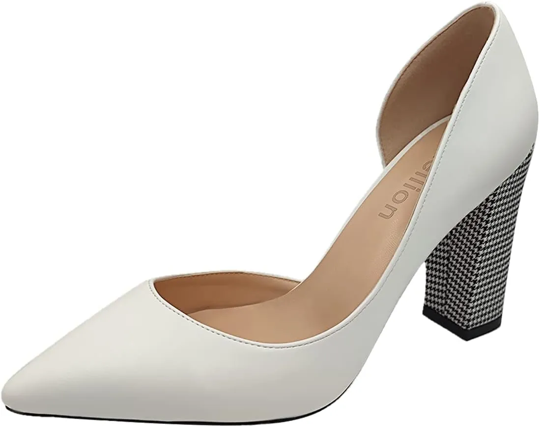 Axellion Pumps for Women, Houndstooth Heel Pumps Side Empty High Heels Pointed Toe Shoes Top Leather High Heel Shoes for Women