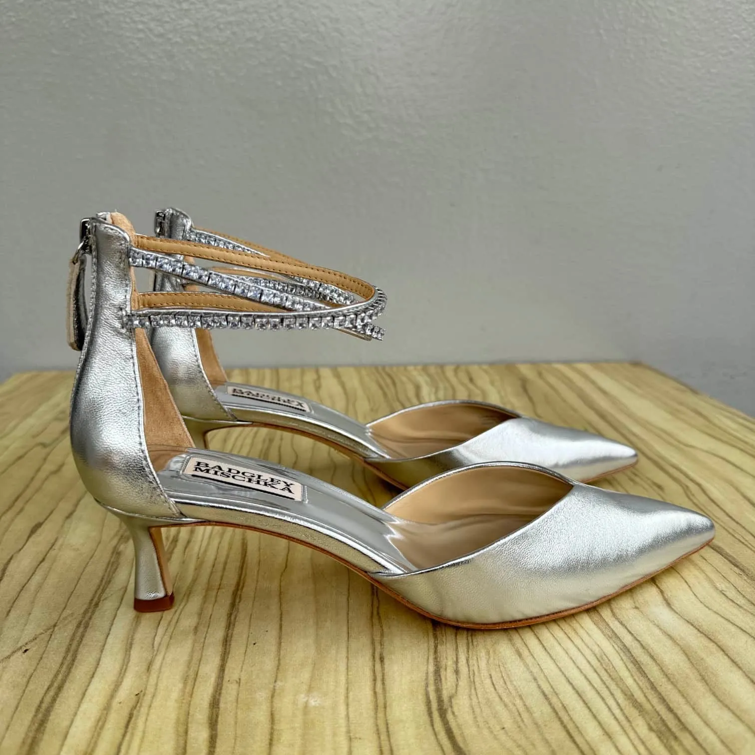 Badgley Mischka Lilibeth Embellished Ankle Strap Kitten Heel Pointed Toe Shoe - Size 38