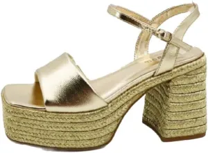 BAMBOO Belise-03 Womens Open Square Toe Gold Metallic Raffia Casual Platform High Heels Sandals