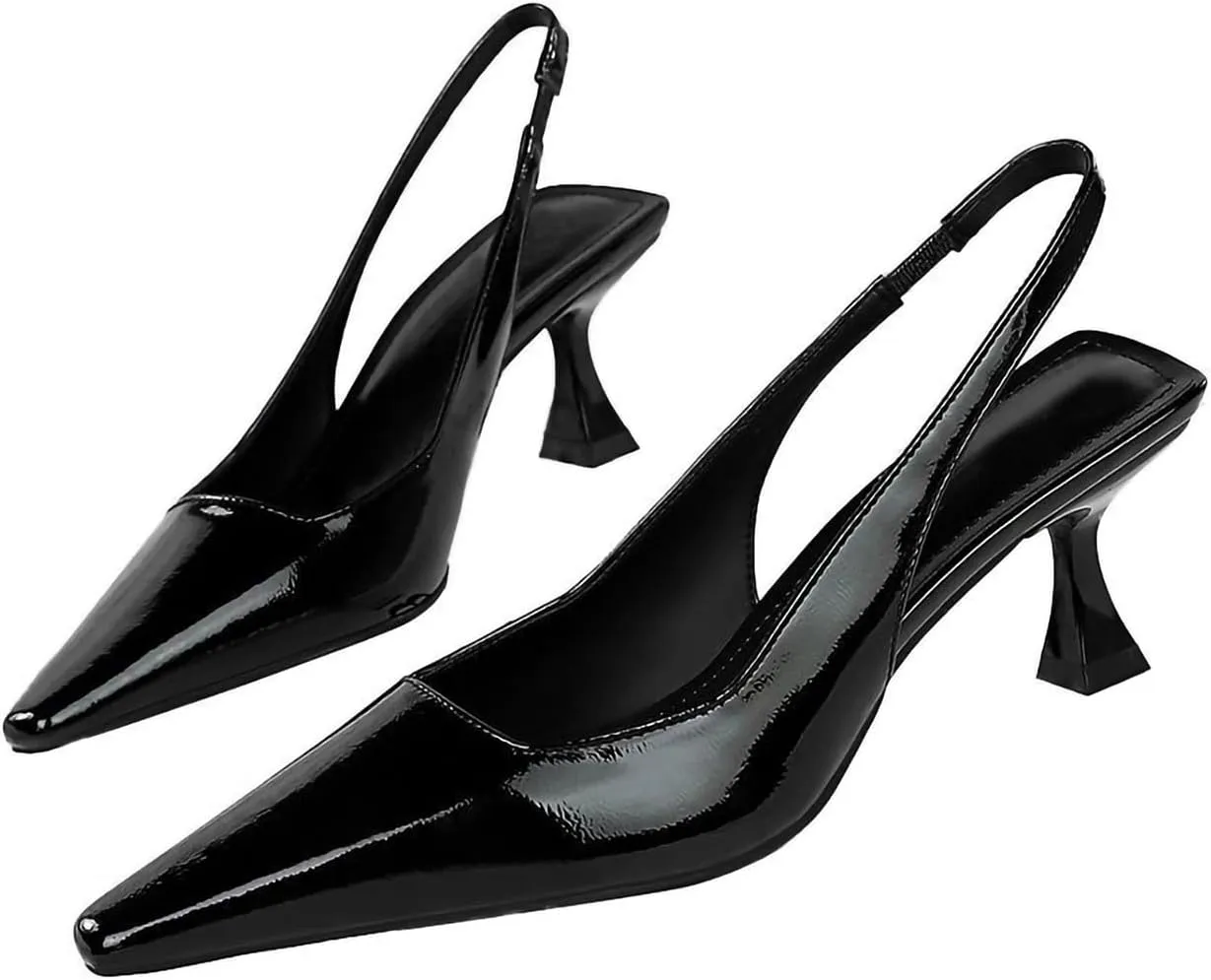 baobeijiadao Womens Kitten Heel Pumps Slingback Pointed Toe Heels Slip On Closed Toe Heeled Sandals Patent Leather Dress Shoes for Women