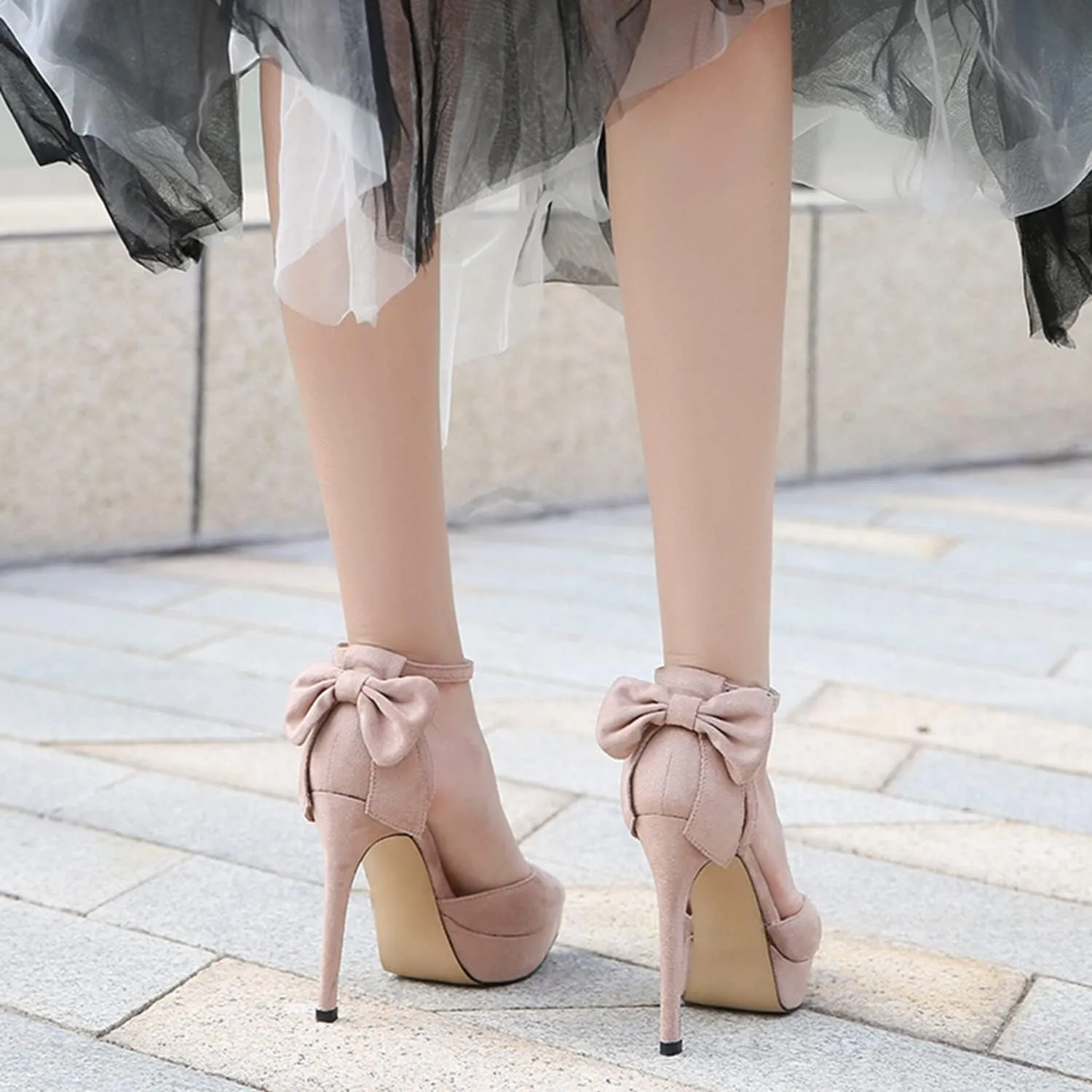 bbruriy Women's Ankle Strap Close Toe High Stiletto Heel Pumps Party Dress Sexy 13CM High Heels with Bow Suede Classic Fashion Party Evening Wedding Office Shoes