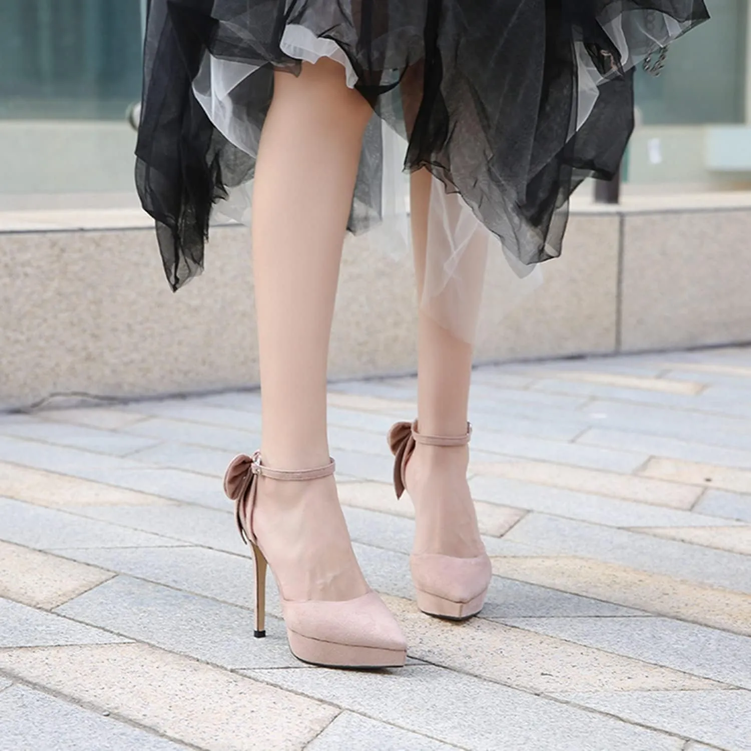 bbruriy Women's Ankle Strap Close Toe High Stiletto Heel Pumps Party Dress Sexy 13CM High Heels with Bow Suede Classic Fashion Party Evening Wedding Office Shoes