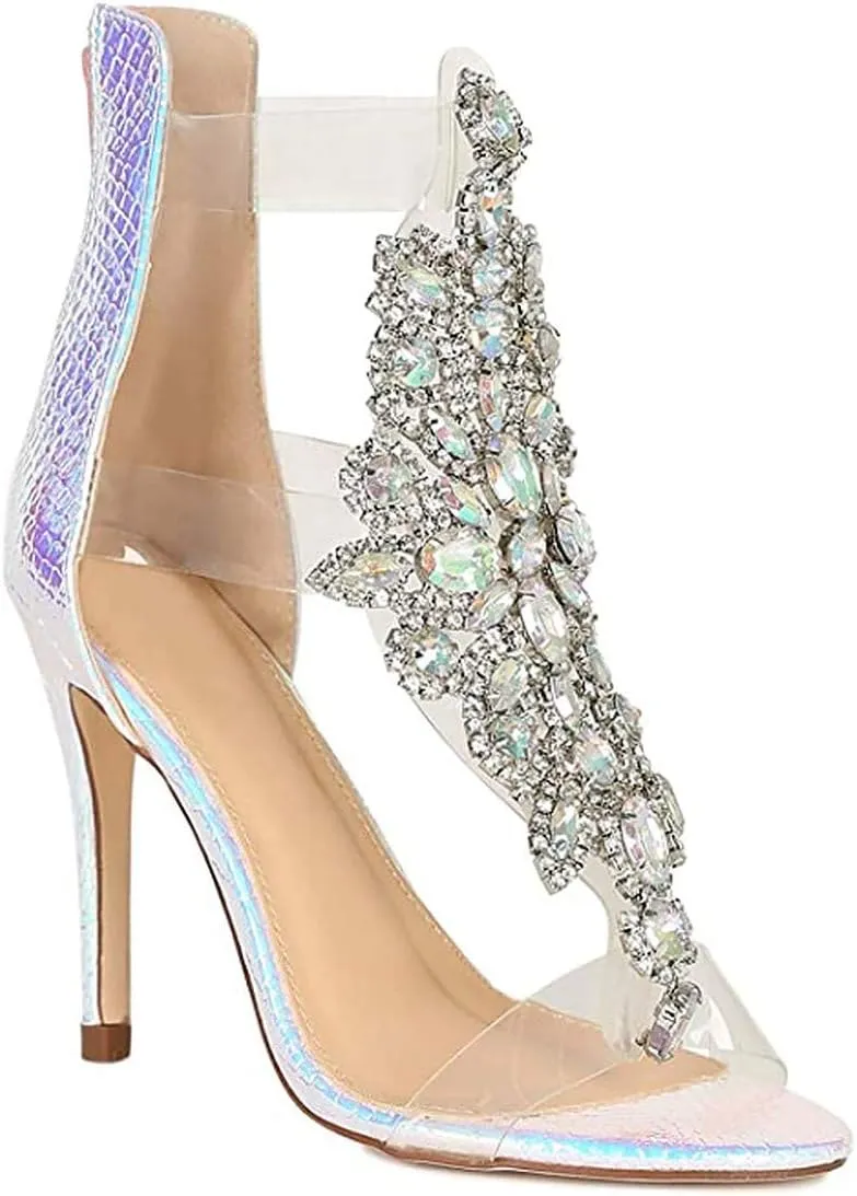 Bella Luna Women's Rhinestone Embellished Transparent Straps Stiletto Heels