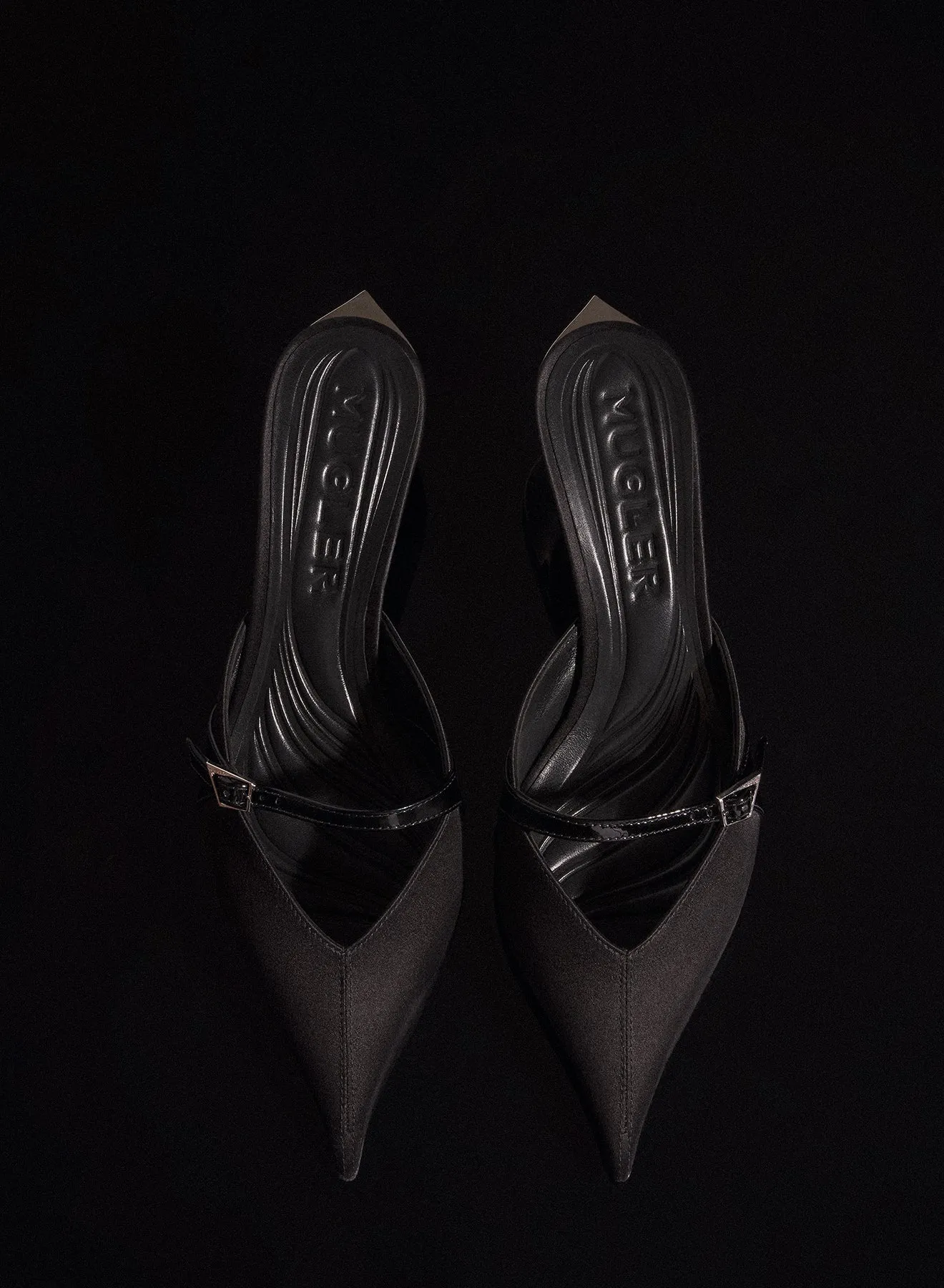 black satin fang 55 mules with strap