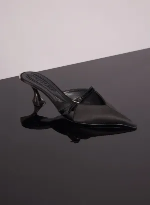 black satin fang 55 mules with strap