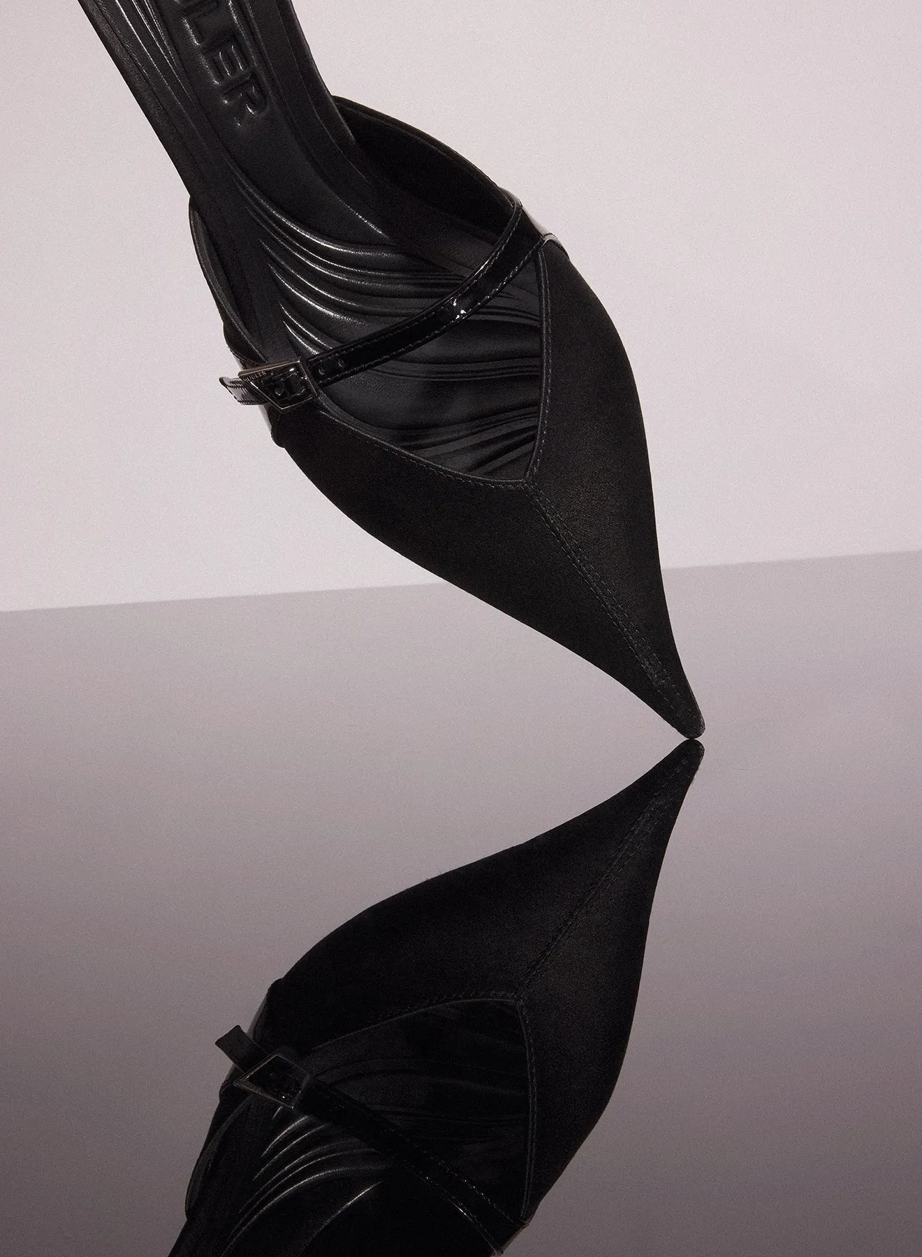 black satin fang 55 mules with strap