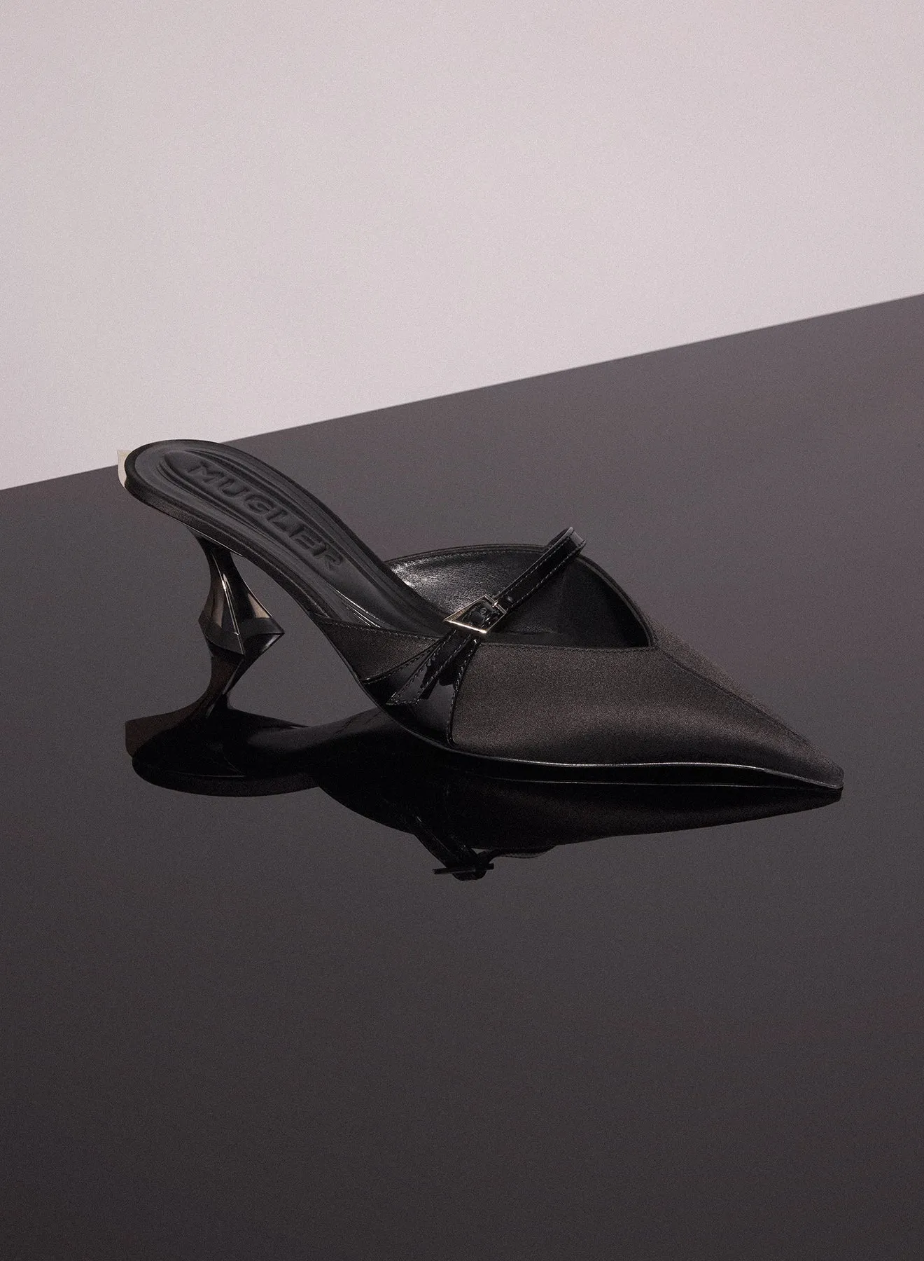 black satin fang 55 mules with strap