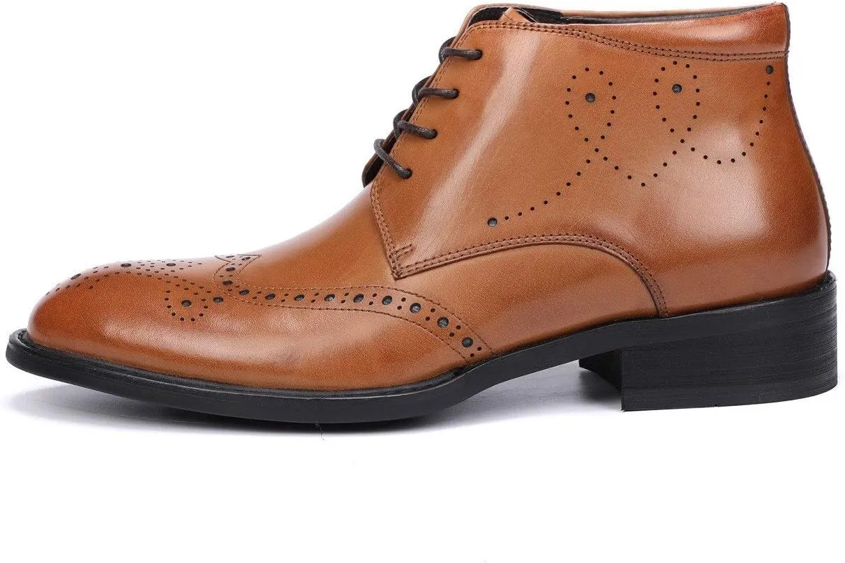Brogue Ankle Boot for Men High Top Boot Lace Up StyleGenuine Leather Carving Outdoors Round Toe Block Heel