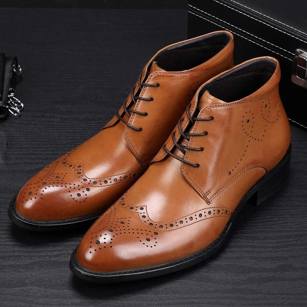Brogue Ankle Boot for Men High Top Boot Lace Up StyleGenuine Leather Carving Outdoors Round Toe Block Heel
