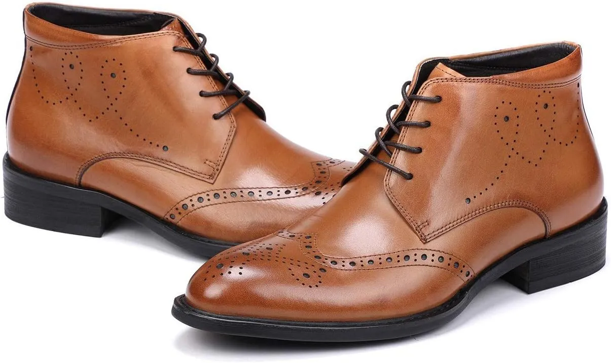 Brogue Ankle Boot for Men High Top Boot Lace Up StyleGenuine Leather Carving Outdoors Round Toe Block Heel