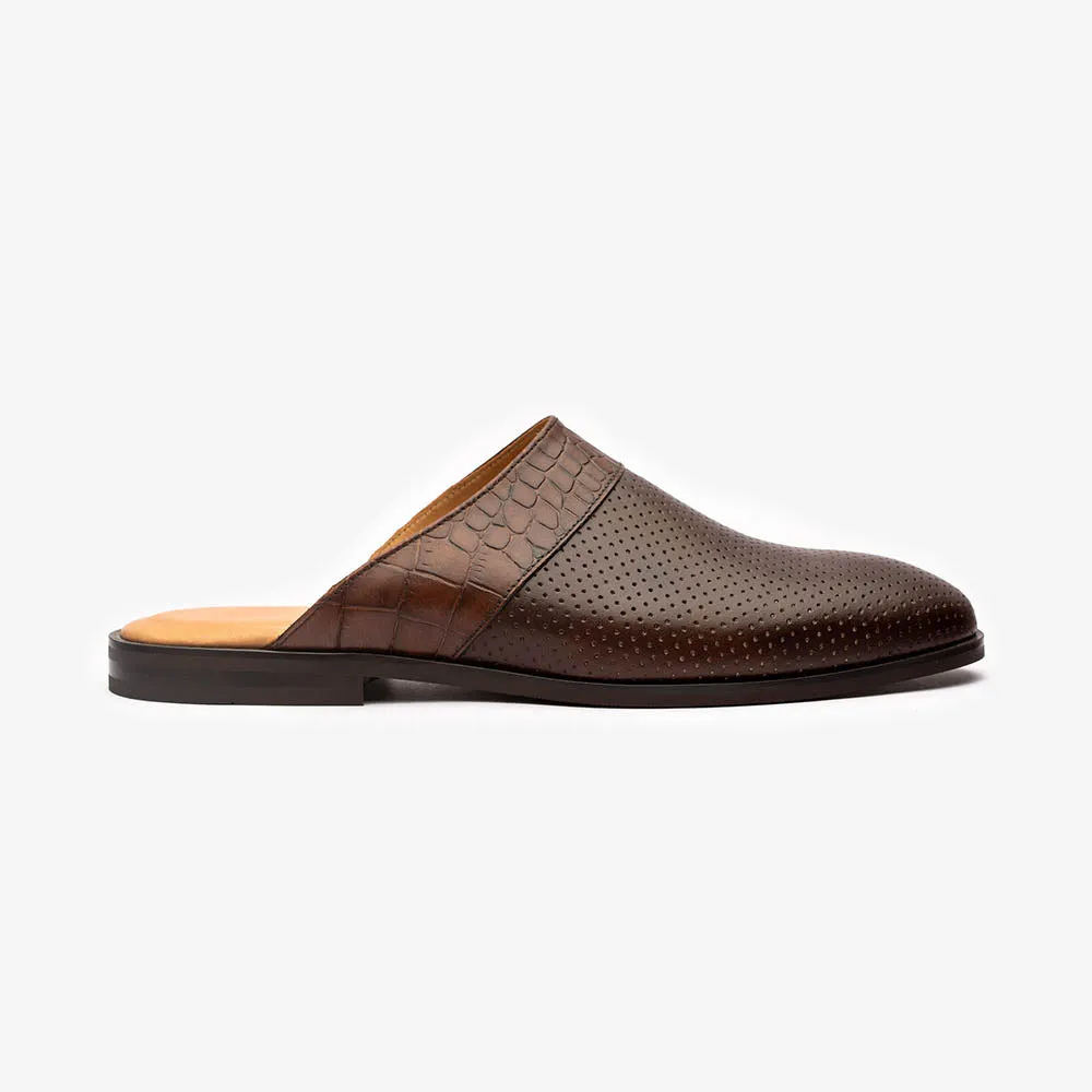 Brown Perforated Mule with Croco Detail