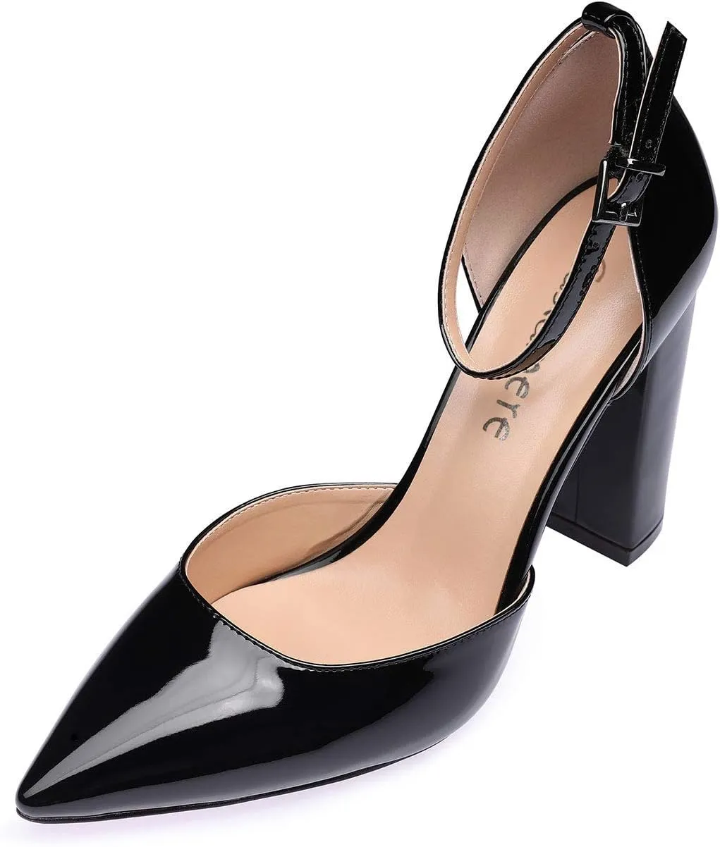 Castamere Womens High Heels Chunky Block Heel Sandals Pointed Toe Ankle Strap Pumps 10CM