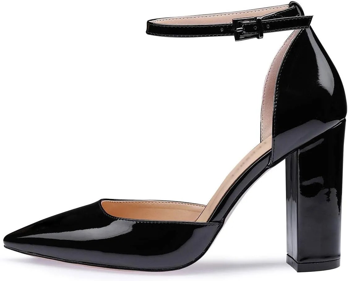 Castamere Womens High Heels Chunky Block Heel Sandals Pointed Toe Ankle Strap Pumps 10CM