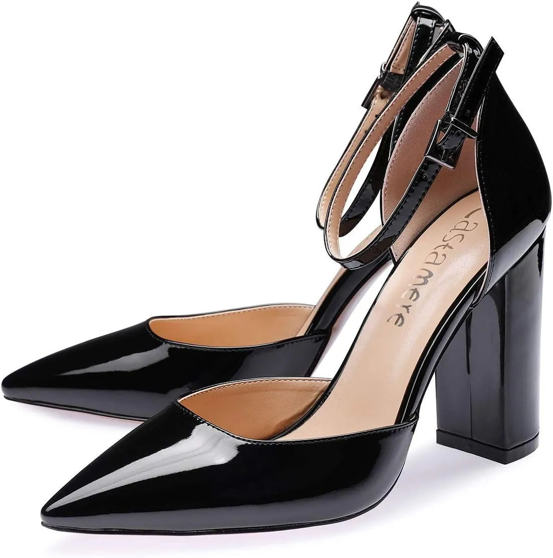 Castamere Womens High Heels Chunky Block Heel Sandals Pointed Toe Ankle Strap Pumps 10CM