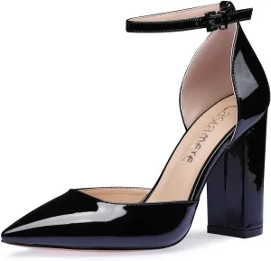 Castamere Womens High Heels Chunky Block Heel Sandals Pointed Toe Ankle Strap Pumps 10CM