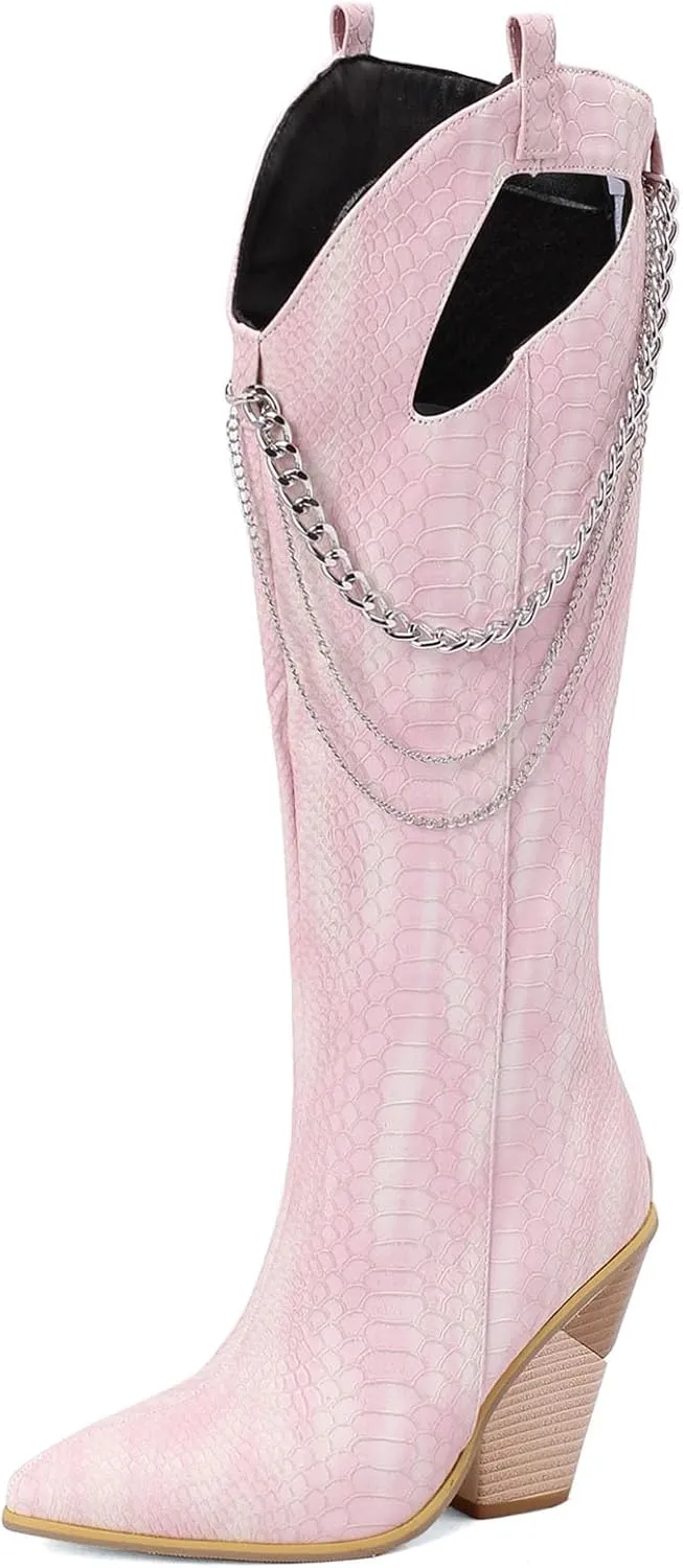 Chunky Heel Knee High Boots for Women Cowboy Cowgirl Boots Cutout Western Long Boots with Metal Chain