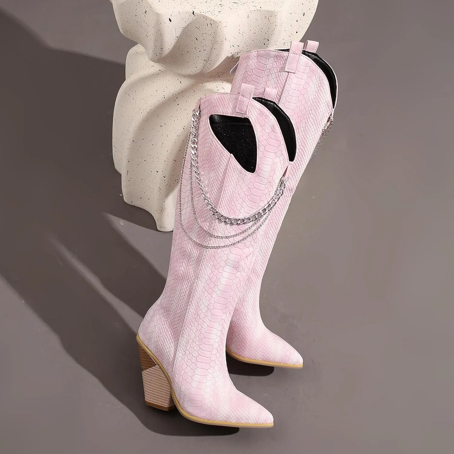 Chunky Heel Knee High Boots for Women Cowboy Cowgirl Boots Cutout Western Long Boots with Metal Chain