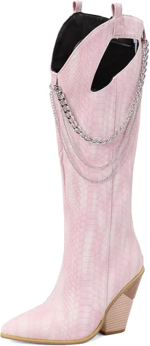 Chunky Heel Knee High Boots for Women Cowboy Cowgirl Boots Cutout Western Long Boots with Metal Chain