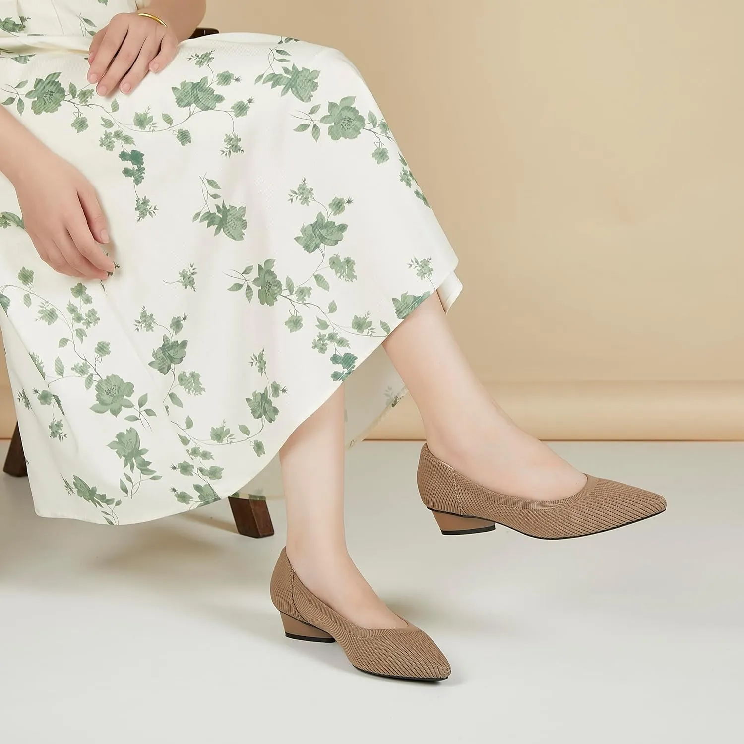 Chunky Heels for Women Knit Ballet Shoes Pointed Toe Low Heel Mesh Comfortable Block Pumps Dress Shoes