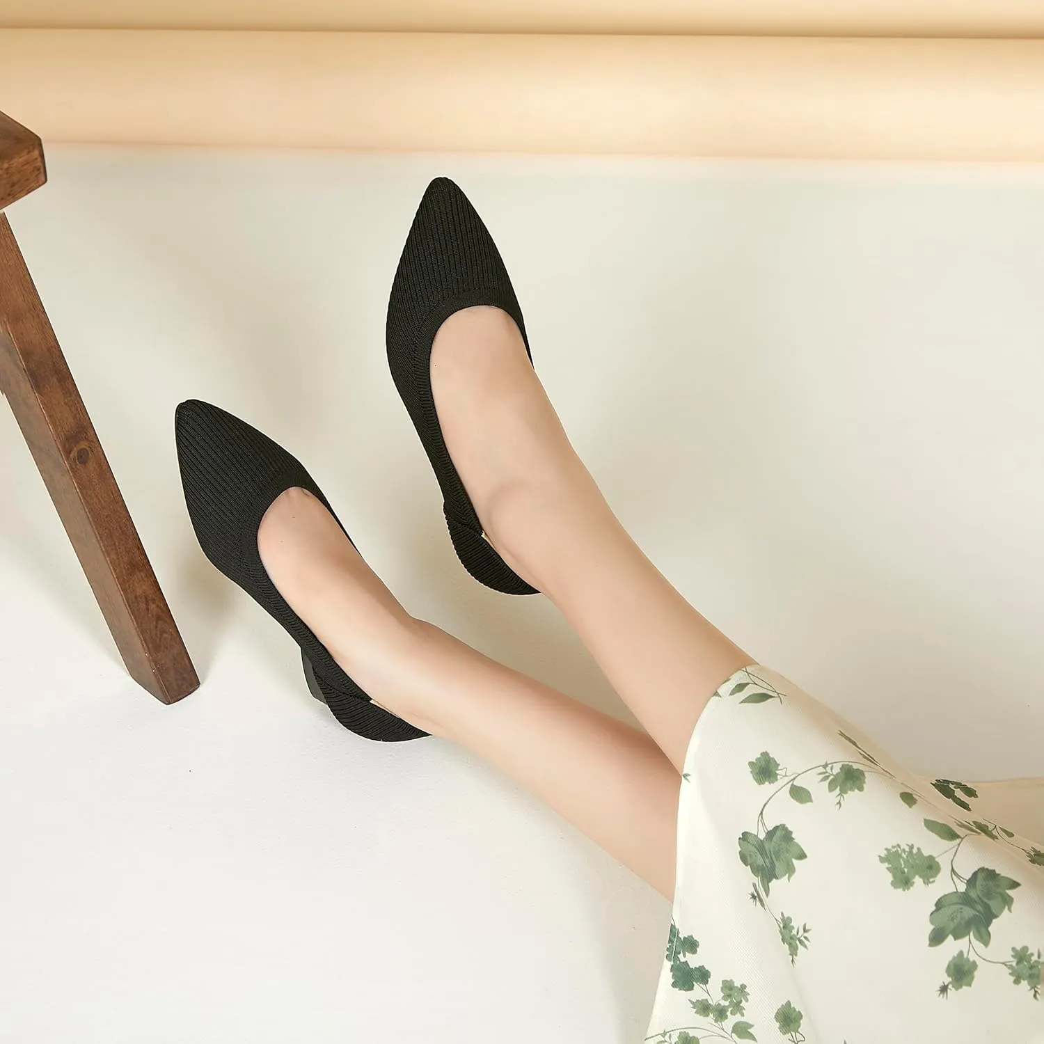 Chunky Heels for Women Knit Ballet Shoes Pointed Toe Low Heel Mesh Comfortable Block Pumps Dress Shoes