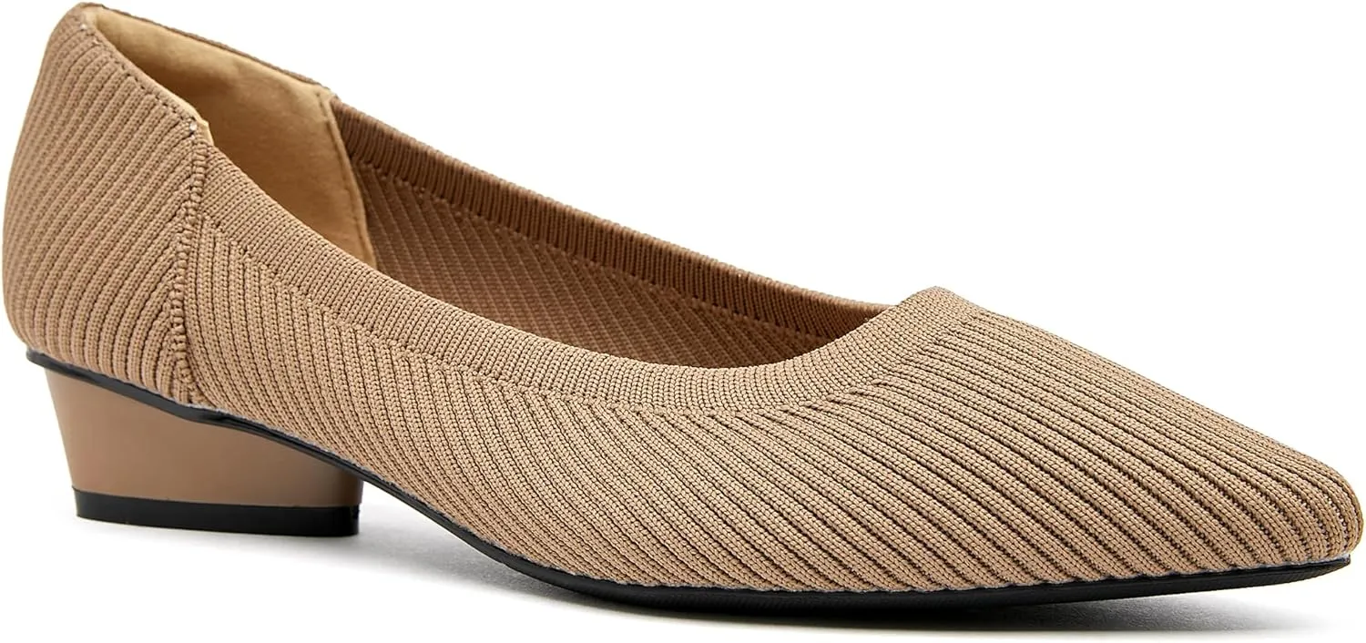 Chunky Heels for Women Knit Ballet Shoes Pointed Toe Low Heel Mesh Comfortable Block Pumps Dress Shoes