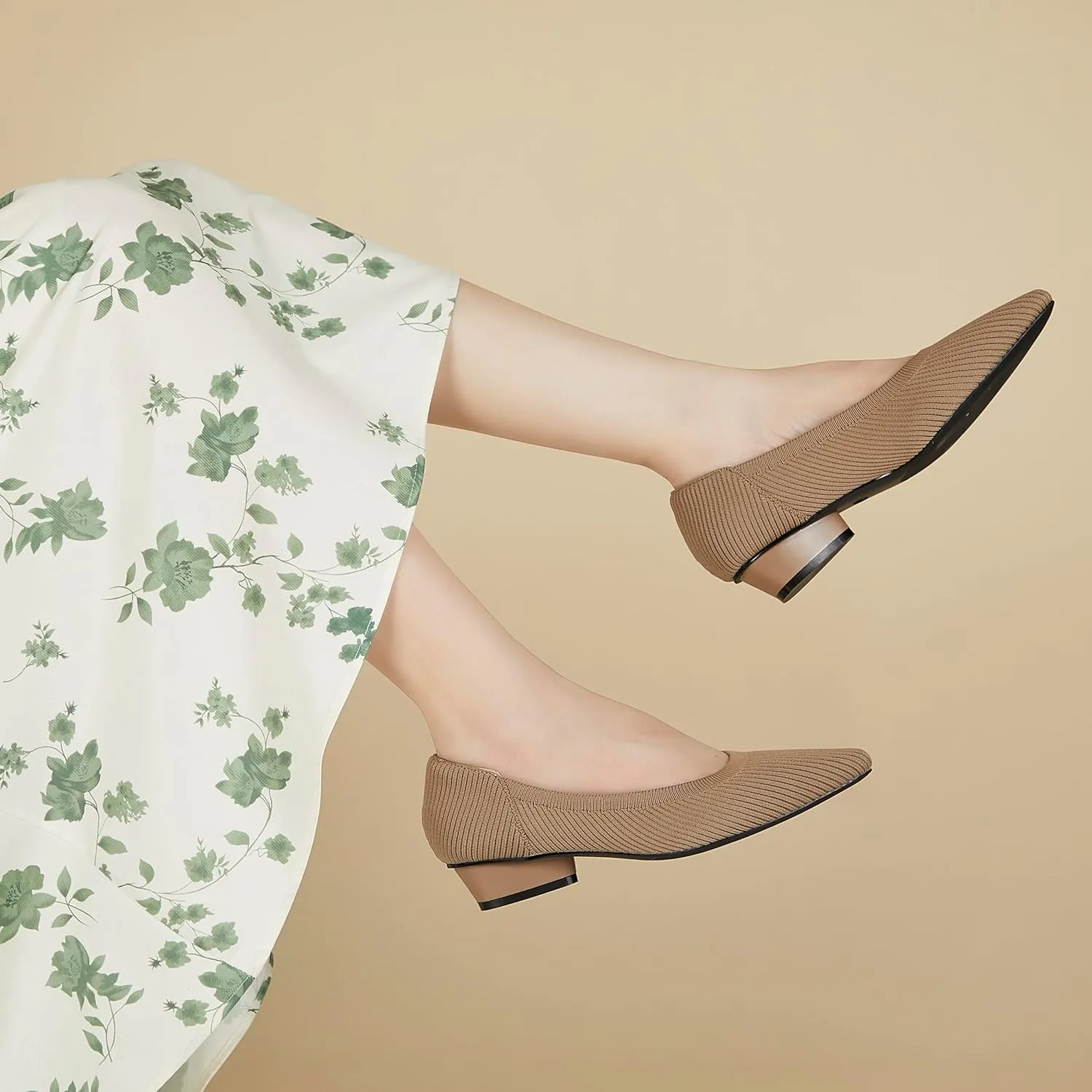 Chunky Heels for Women Knit Ballet Shoes Pointed Toe Low Heel Mesh Comfortable Block Pumps Dress Shoes