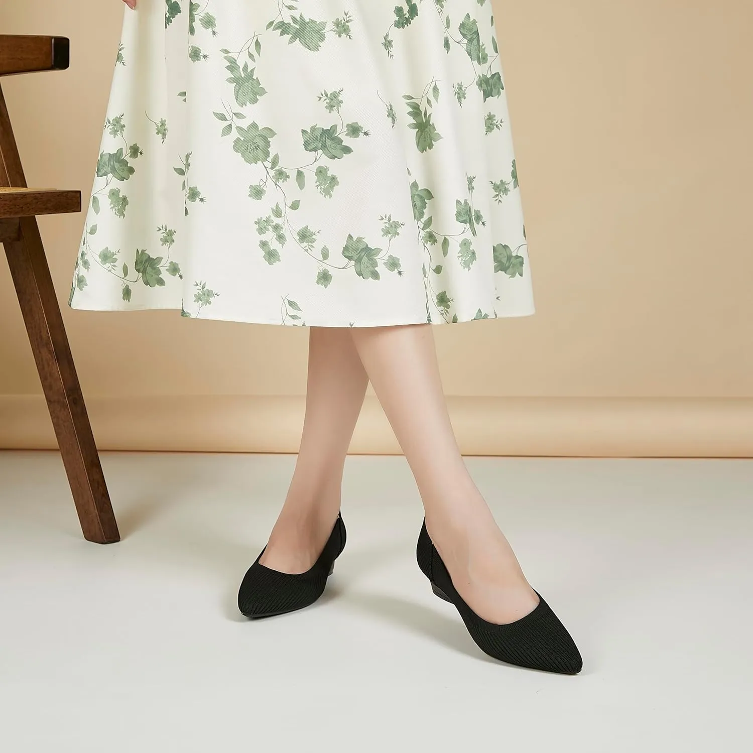 Chunky Heels for Women Knit Ballet Shoes Pointed Toe Low Heel Mesh Comfortable Block Pumps Dress Shoes