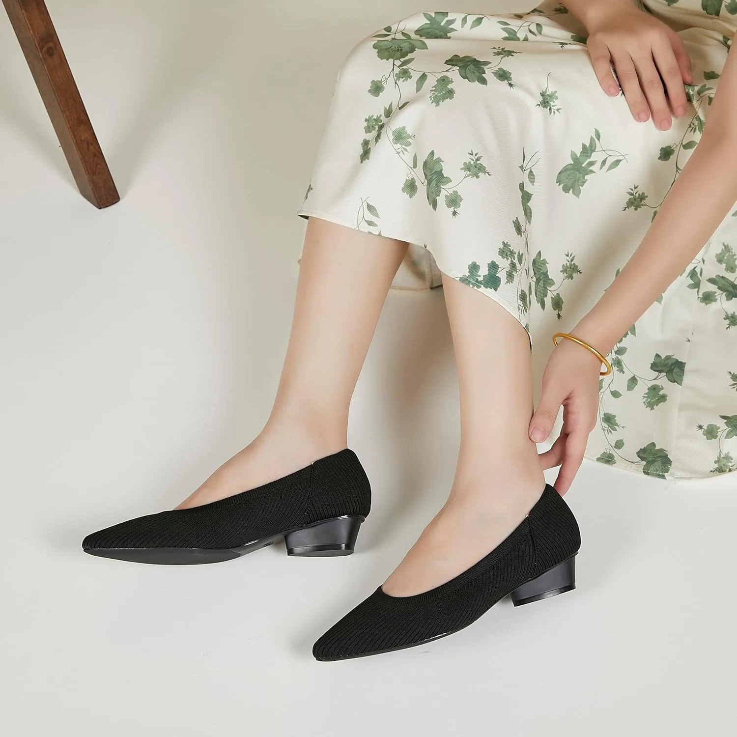 Chunky Heels for Women Knit Ballet Shoes Pointed Toe Low Heel Mesh Comfortable Block Pumps Dress Shoes