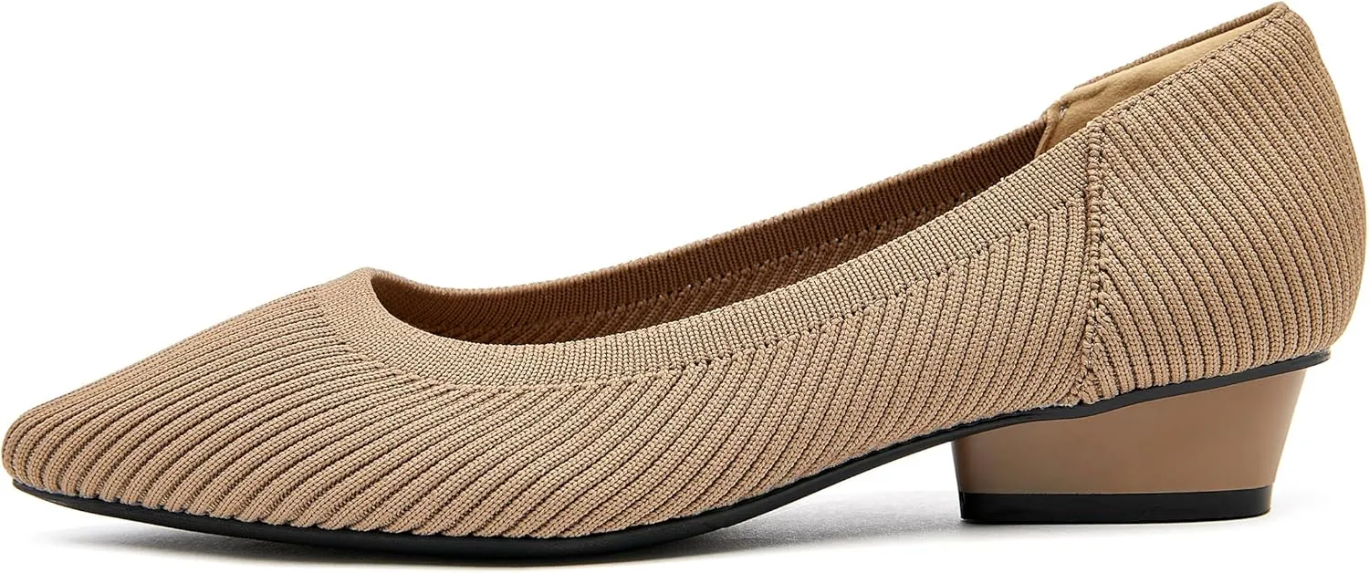 Chunky Heels for Women Knit Ballet Shoes Pointed Toe Low Heel Mesh Comfortable Block Pumps Dress Shoes