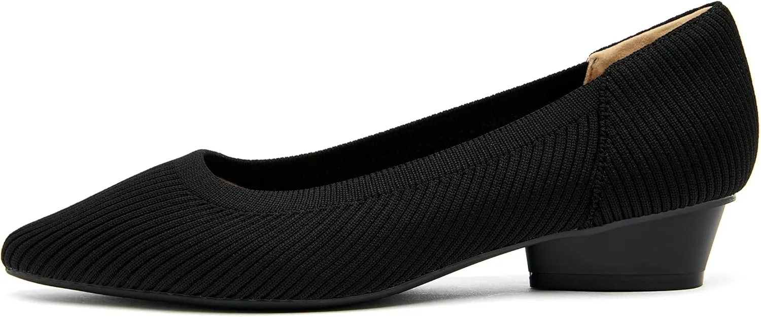 Chunky Heels for Women Knit Ballet Shoes Pointed Toe Low Heel Mesh Comfortable Block Pumps Dress Shoes