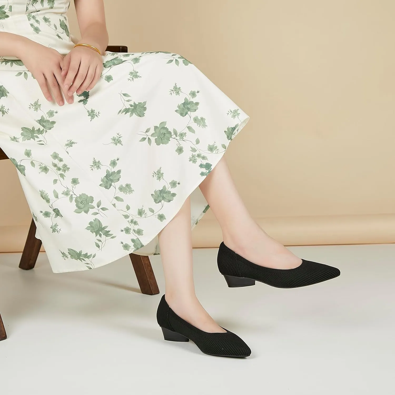 Chunky Heels for Women Knit Ballet Shoes Pointed Toe Low Heel Mesh Comfortable Block Pumps Dress Shoes