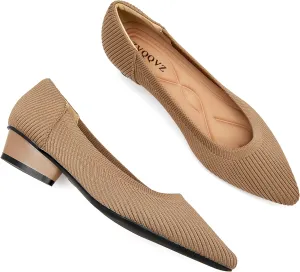 Chunky Heels for Women Knit Ballet Shoes Pointed Toe Low Heel Mesh Comfortable Block Pumps Dress Shoes