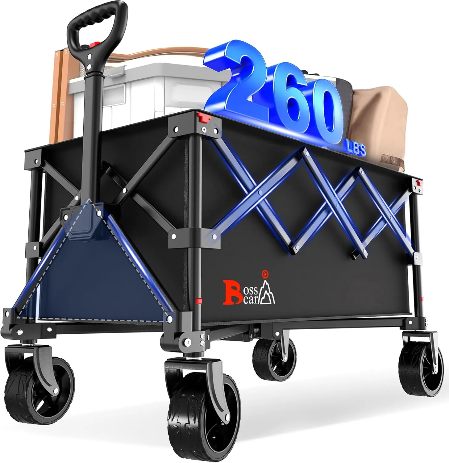 Collapsible Folding Wagon, Outdoor Utility Grocery Large Wagon Cart Heavy Duty Foldable with Silent Universal Wheels, Adjustable Handle, Camping, Garden, Shopping (Black, 110L)