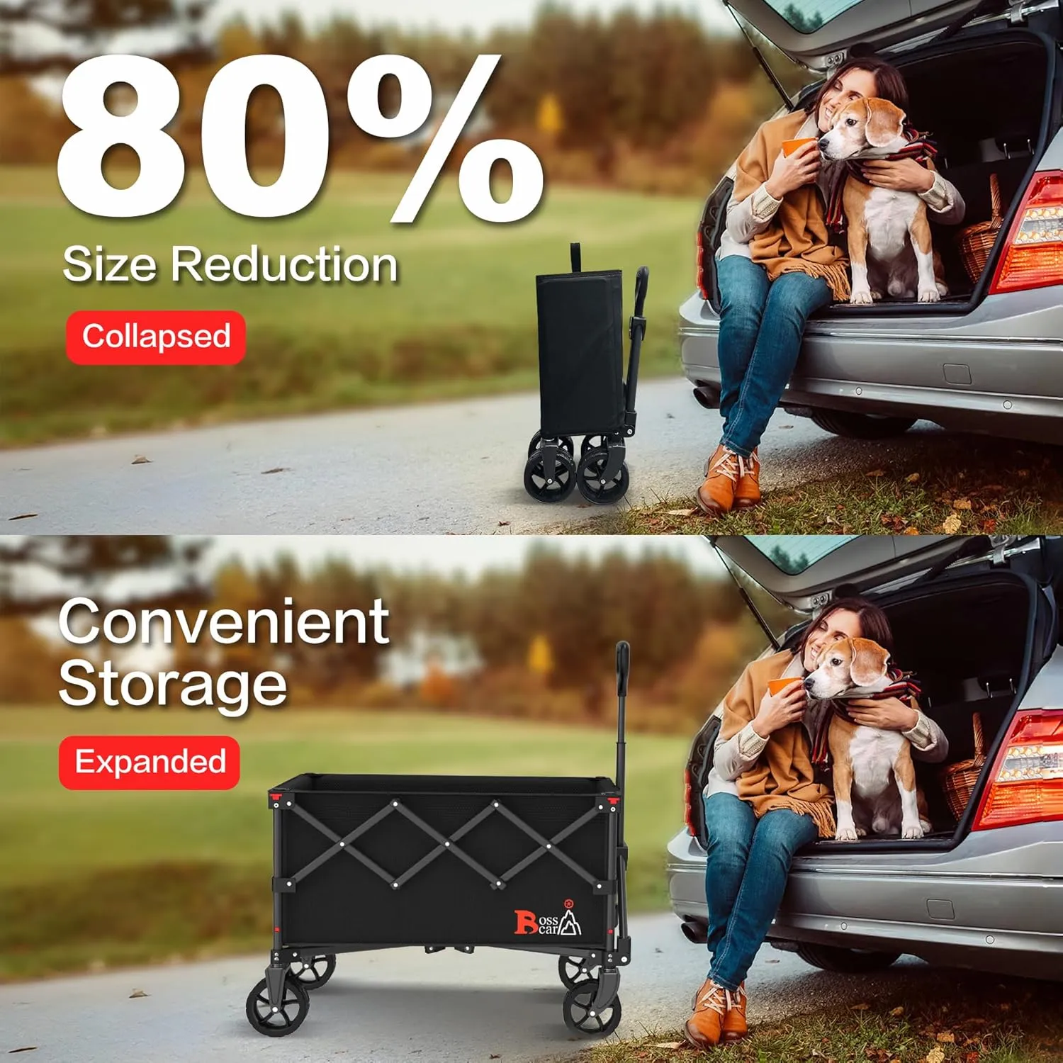 Collapsible Folding Wagon, Outdoor Utility Grocery Large Wagon Cart Heavy Duty Foldable with Silent Universal Wheels, Adjustable Handle, Camping, Garden, Shopping (Black, 110L)