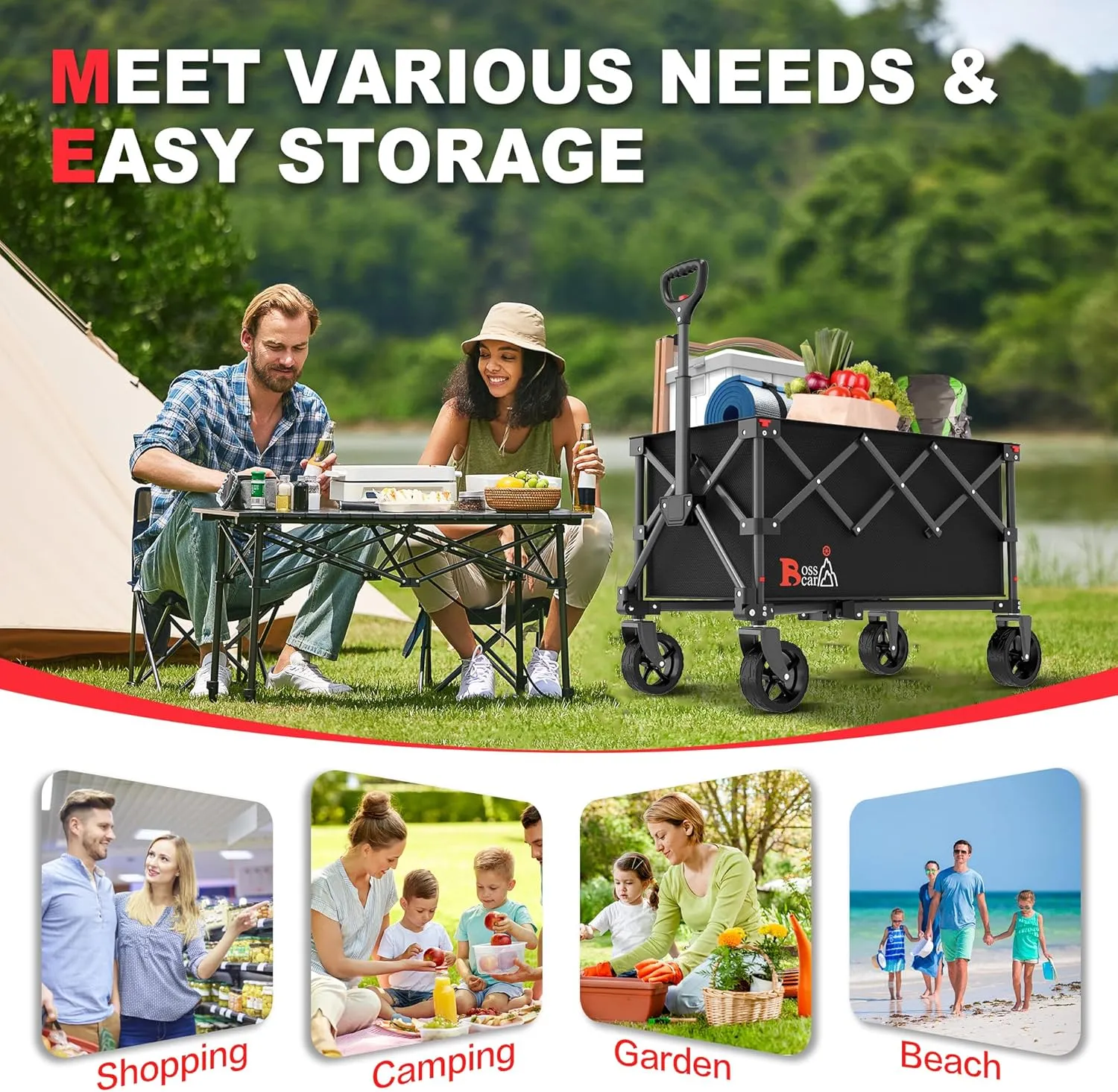 Collapsible Folding Wagon, Outdoor Utility Grocery Large Wagon Cart Heavy Duty Foldable with Silent Universal Wheels, Adjustable Handle, Camping, Garden, Shopping (Black, 110L)