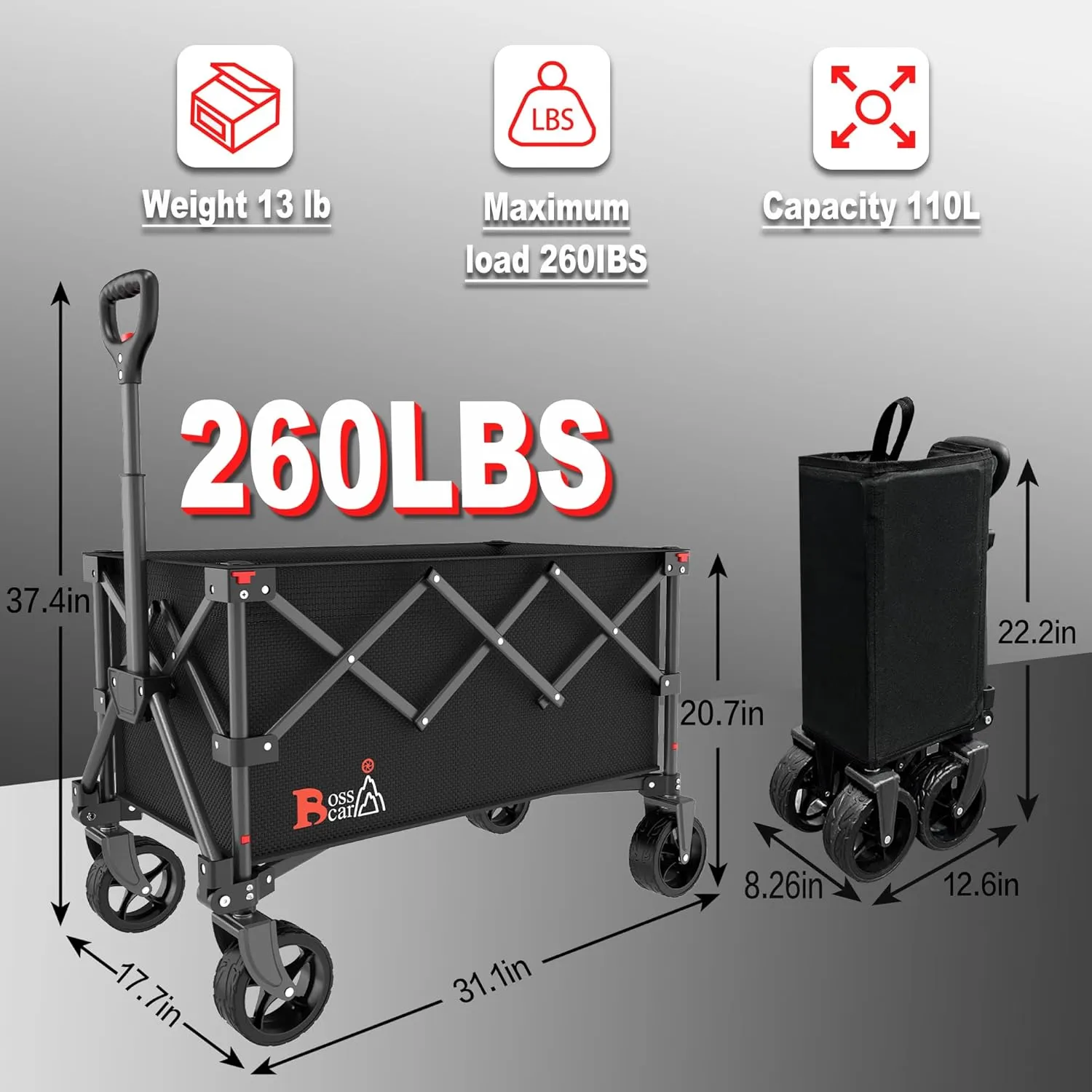 Collapsible Folding Wagon, Outdoor Utility Grocery Large Wagon Cart Heavy Duty Foldable with Silent Universal Wheels, Adjustable Handle, Camping, Garden, Shopping (Black, 110L)