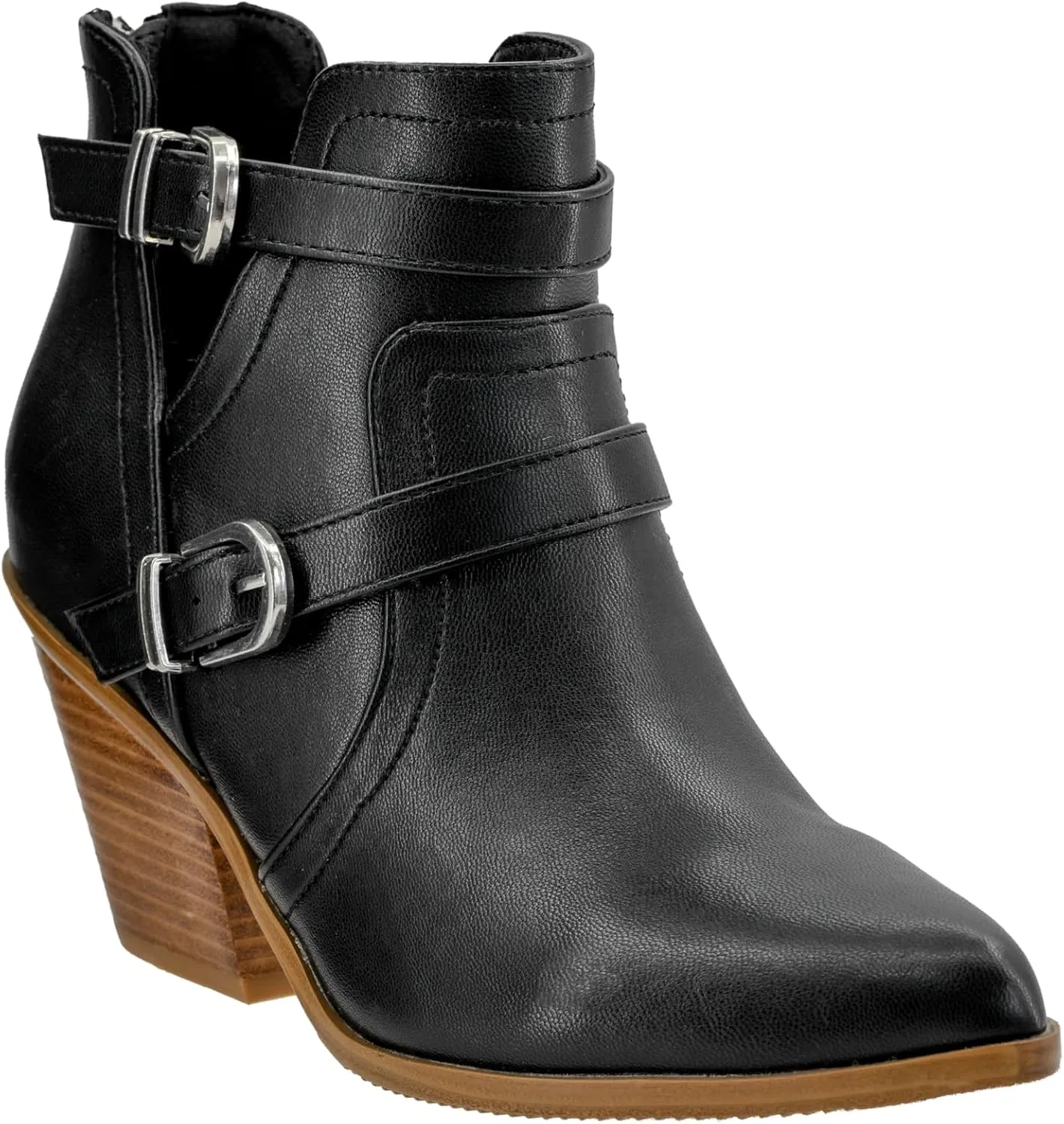 Corkys Footwear Girls Night 2.75-Inch Stacked Heel Booties with Memory Foam Insoles, Back Zipper, Chic Buckle Details, and Pointed Toe Design – Stylish and Comfortable