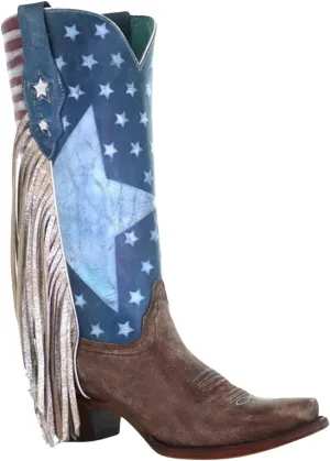 CORRAL Women's Boot Barn Stars and Stripes Fringe Tall Western Snip Toe Brown/Blue 8.5 M