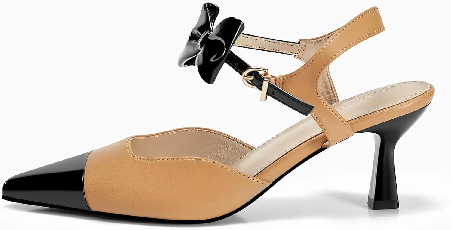 Coutgo Womens Kitten Heels Dress Shoes Closed Pointed Toe Ankle Strap Bow Pumps