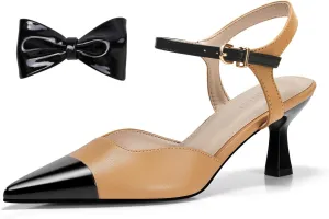 Coutgo Womens Kitten Heels Dress Shoes Closed Pointed Toe Ankle Strap Bow Pumps