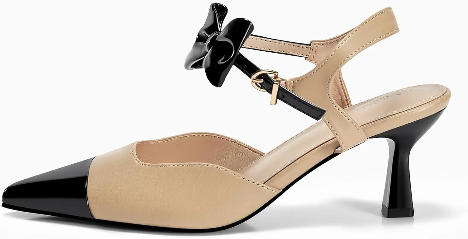 Coutgo Womens Kitten Heels Dress Shoes Closed Pointed Toe Ankle Strap Bow Pumps
