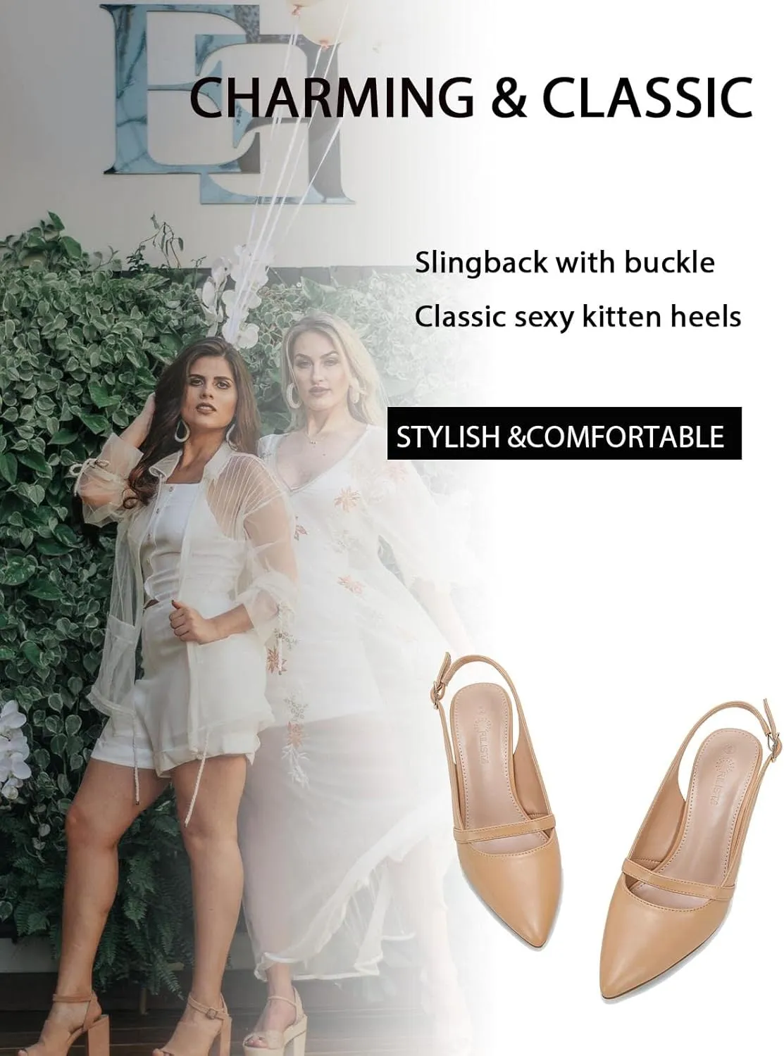 Coutgo Women's Slingback Kitten Heels Pumps Pointed Toe Backless Stiletto Wedding Party Dress Shoes